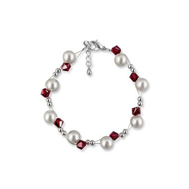 Brautschmuck Perlenarmband, Perlen Weiß, Swarovski Kristalle Rot, 925 Silber, Sc