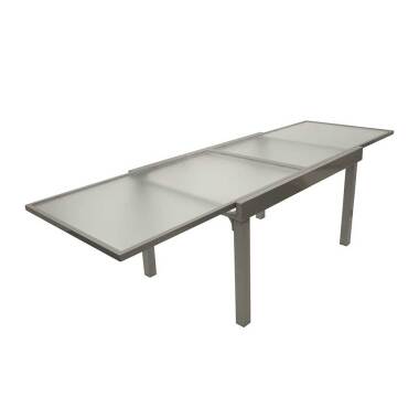 Glas-Küchentisch & Ausziehbarer Terrassen Esstisch in Grau und Silberfarben