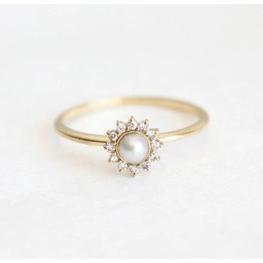 Gold Perle Ring, Halo Diamant 14 K Süßwasser 18 Ring