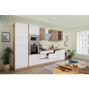Küchenzeile Premium m. Geräten 345 cm Weiß/Eiche Dekor