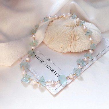 Perlenkette aus Messing & Aquamarin Perlen Halskette, Handgemachtes Schmuck