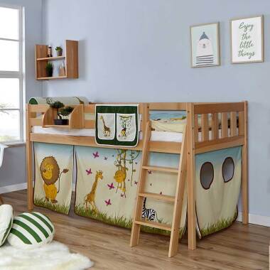 Kinderzimmer Bett in Buchefarben und Bunt Massivholz und Webstoff