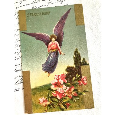 Osterpostkarte Mit Engel, Rosa Blüte, Goldprägung
