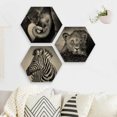 3-teiliges Hexagon-Holzbild Babytiere