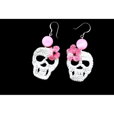 Halloween Totenkopf Ohrringe Gehäkelt Weiß Pink Skull Earrings Totenschädel