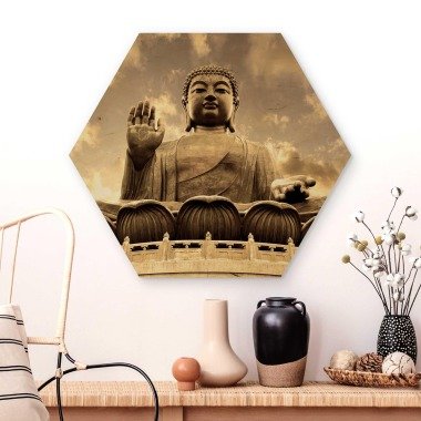 Hexagon-Holzbild Großer Buddha Sepia