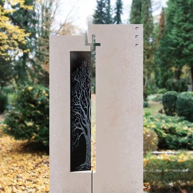 Ausgefallener Grabstein aus Kalkstein & Grabmal Naturstein und Glas mit Baum Design Bovino
