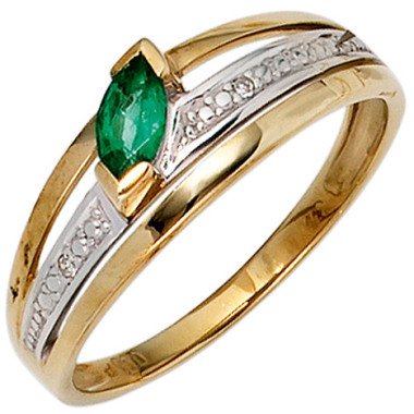 Damen Smaragdschmuck & SIGO Damen Ring 585 Gold Gelbgold bicolor 1 Smaragd grün 2 Diamanten