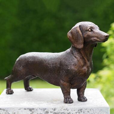 Grabschmuck Sockel in Gold & Stehende Hundestatue aus Bronze lebensgroß