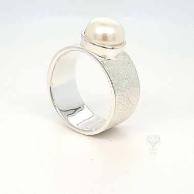 Perlenring Weiße Süßwasserzuchtperle Ringband 925 Silber Gebürstet