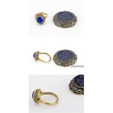 Brosche Vergoldet & Lapislazuli Lapis Lazuli Set Ring Brosche Emaille Silber