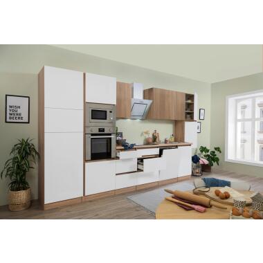 Küchenzeile Premium m. Geräten 395 cm Weiß/Eiche Dekor