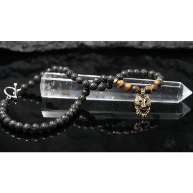 Perlenkette mit Tigerauge & Wolf Halskette Unisex Tigerauge Lava Perlenkette
