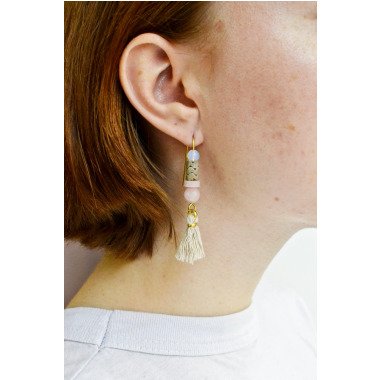 Quasten Ohrringe Mit Pinkopal Und Opalit, Naturstein Tassel Ohrhänger