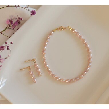 Süßwasserperlen Armband Set Perlenarmband Rosa Mit Ohrringe Perlenohrringe