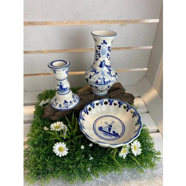 Vintage Set Kerzenständer, Schale Und Vase, Delfter Keramik Windmühle