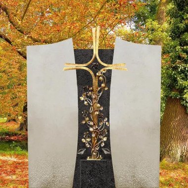 Doppelgrab Grabstein hell/dunkel aus Kalkstein & Granit - Bronze Grabkreuz