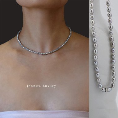 Perlen Grau Kette, Kleine Halskette, Süßwasser Kette, Perlenkette Grau
