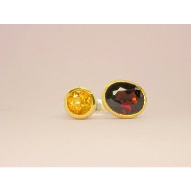 Ring Silber, Gold 750, Granat, Citrin, Modernes Design, Geschenk, Ungewöhnliche