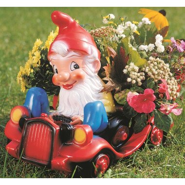 Gartenzwerg sitzend mit rotem Auto zum Bepflanzen Figur Zwerg L 41 cm Gartenfigu