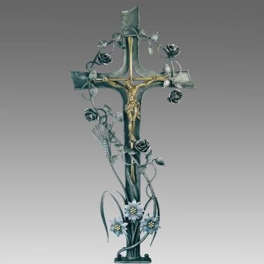 Schmiedeeisen Grabkreuz mit Jesus, Blumen und Kornähre Nakoma