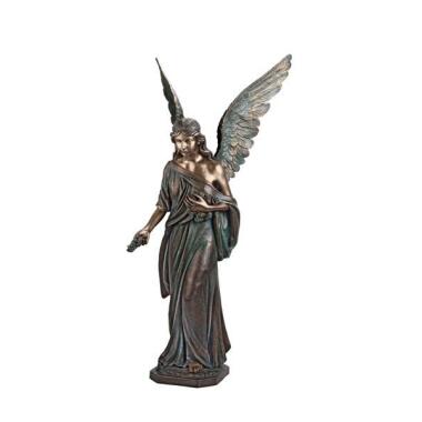 Schutzengel Figur aus Naturstein & Bronze Engel Skulptur mit Rose Angelo
