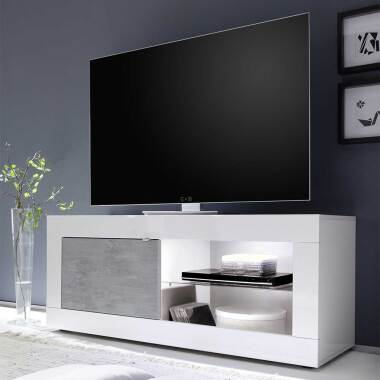 TV Lowboard in Weiß und Beton Grau offene Gerätefächer