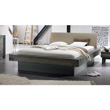 Bett in Balkenoptik Akazie grau mit Bettkasten