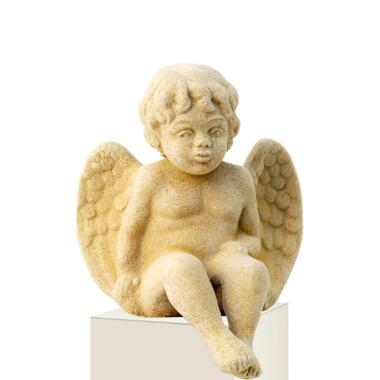 Schutzengel Figur in Weiß & Steinguss sitzender Engel Skulptur für Grabstein