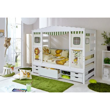 TiCAA Hausbett mit Bettkasten Safari Kiefer Weiß