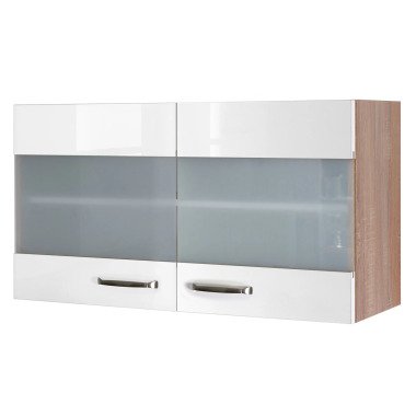 Küchen Glas-Hängeschrank VALERO 100 cm Eiche/ weiß