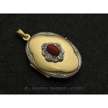 Medaillon aus Quarz & Jaspis rot-braun Medaillon Cabochon Gold 585 bicolor