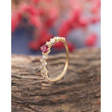 Natürliche Rubin Verlobungsring 14 K Gelbgold, Zarte Diamant Ehering