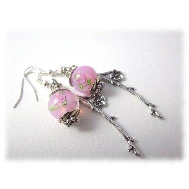 Schmuckperle aus Metall & Rosen Silberfarbene Ohrringe Mit Lampwork Beads