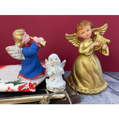 Schutzengel Figur aus Keramik & Vintage Engel Figur Set 3 Gold Weihnachtsengel