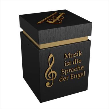 Holzurne aus Holz & Individuelle schwarze Musik Urne aus Holz mit Goldschrift