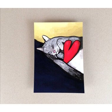 Katze Mit Herz/Postkarte Din A 6 Hochformat