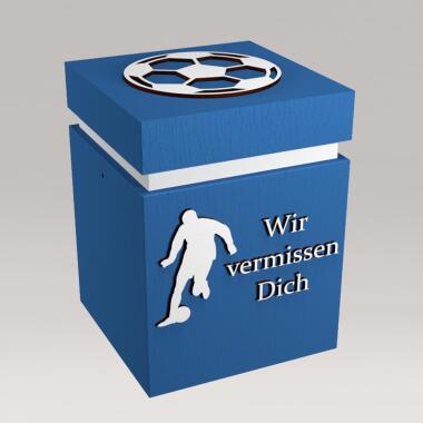 Schöne blaue Urne mit Fußball Motiv eckig mit Inschrift Fußball Sibelius / W