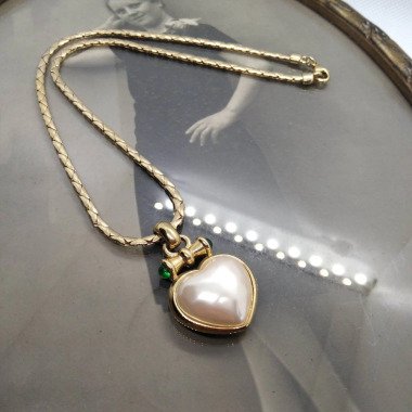 Vintage Herz Anhänger Collier Halskette Perlherz 1980S Perlen Gold Double