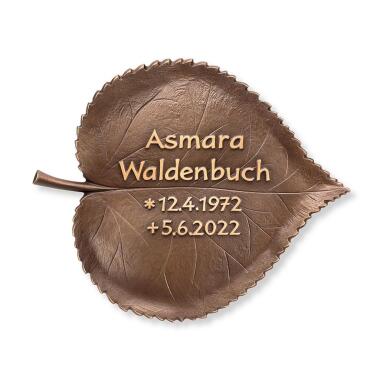 Braunes Bronze Lindenblatt mit individueller Beschriftung Wionero / 14,0x16x,5