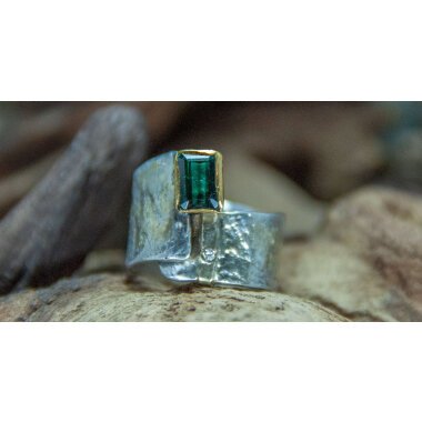 Offener Ring Aus Silber Mit Gold, Grünem Turmalin Und Mini-Brilliant