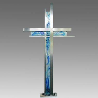 Stilvolles Grabkreuz aus Edelstahl mit Glas Kreuz Rerum