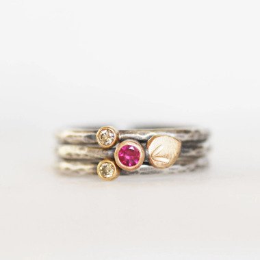 Gold-Ehering mit Diamant & Rubin Und Diamant Blüten Stapelringe Braun