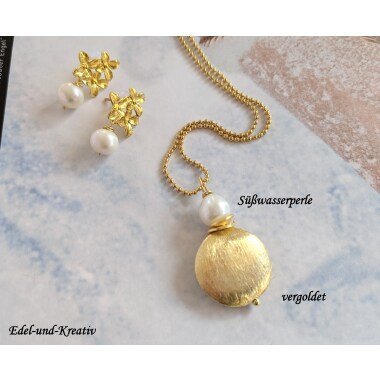 Kugelkette Gold Mit Anhänger Perle, Vergoldete Kette Goldscheibe, Glitzer