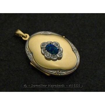 Opal syn. blau Medaillon Cabochon Gold 585 bicolor