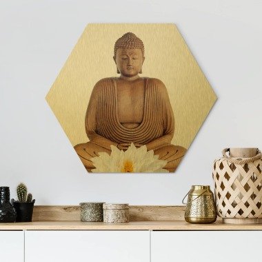 Hexagon-Alu-Dibond Bild Lotus Holz Buddha