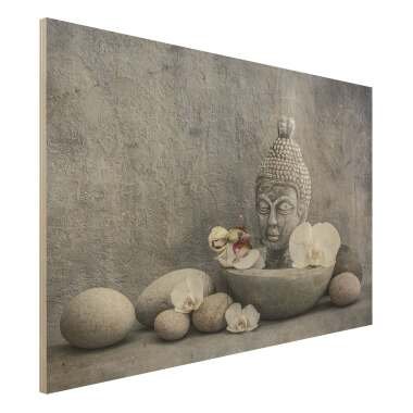 Holzbild Zen Buddha, Orchideen und Steine