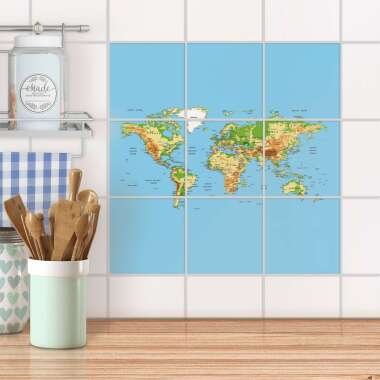 Klebefliesen für Küche & Bad Design: Geografische Weltkarte 15x15 cm