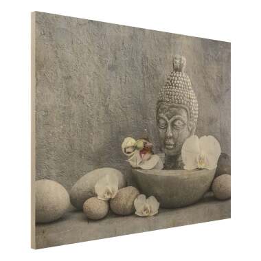 Holzbild Zen Buddha, Orchideen und Steine