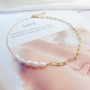 Kette Ohne Anhänger aus Messing & Gold Halskette Mit Echten Perlen, 14K